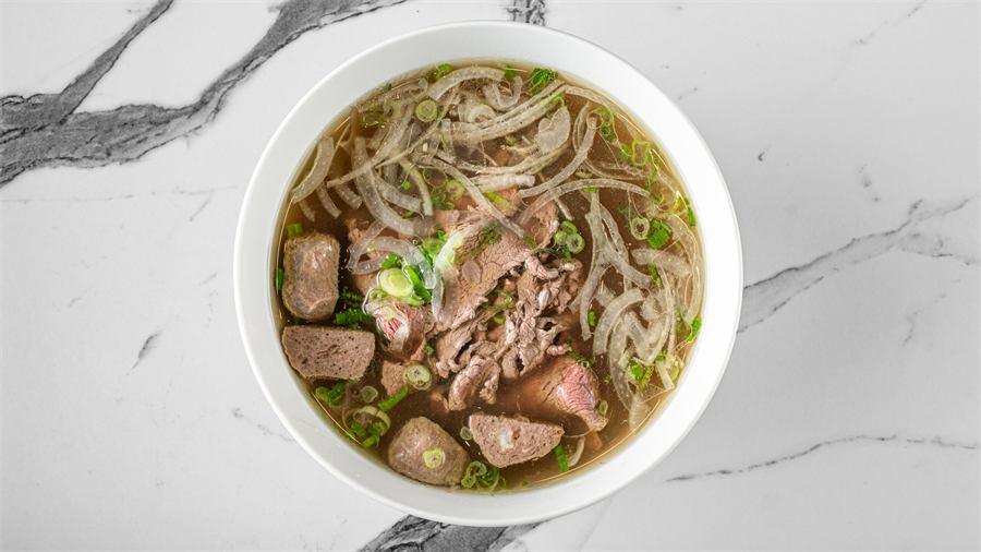 Bowl of Vietnamese beef pho noodle soup